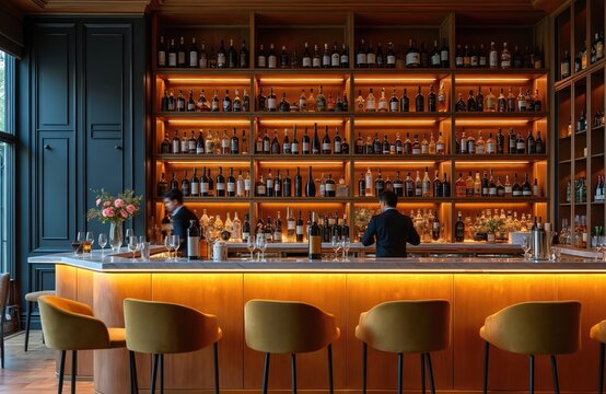 Cozy restaurant interior with original design. Bottles wine displayed shelves, bar counter. Two bartenders serving visitors, golden armchairs. Contemporary decor, restaurant ambiance. Fashionable