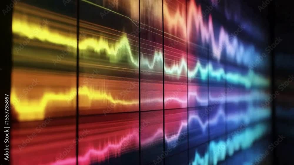 Aufkleber Rainbow Waveform: A vivid, mesmerizing display of sound waves in vibrant colors pulsates across the screen, creating a symphony of light and sound, illustrating the essence of audio technology.
