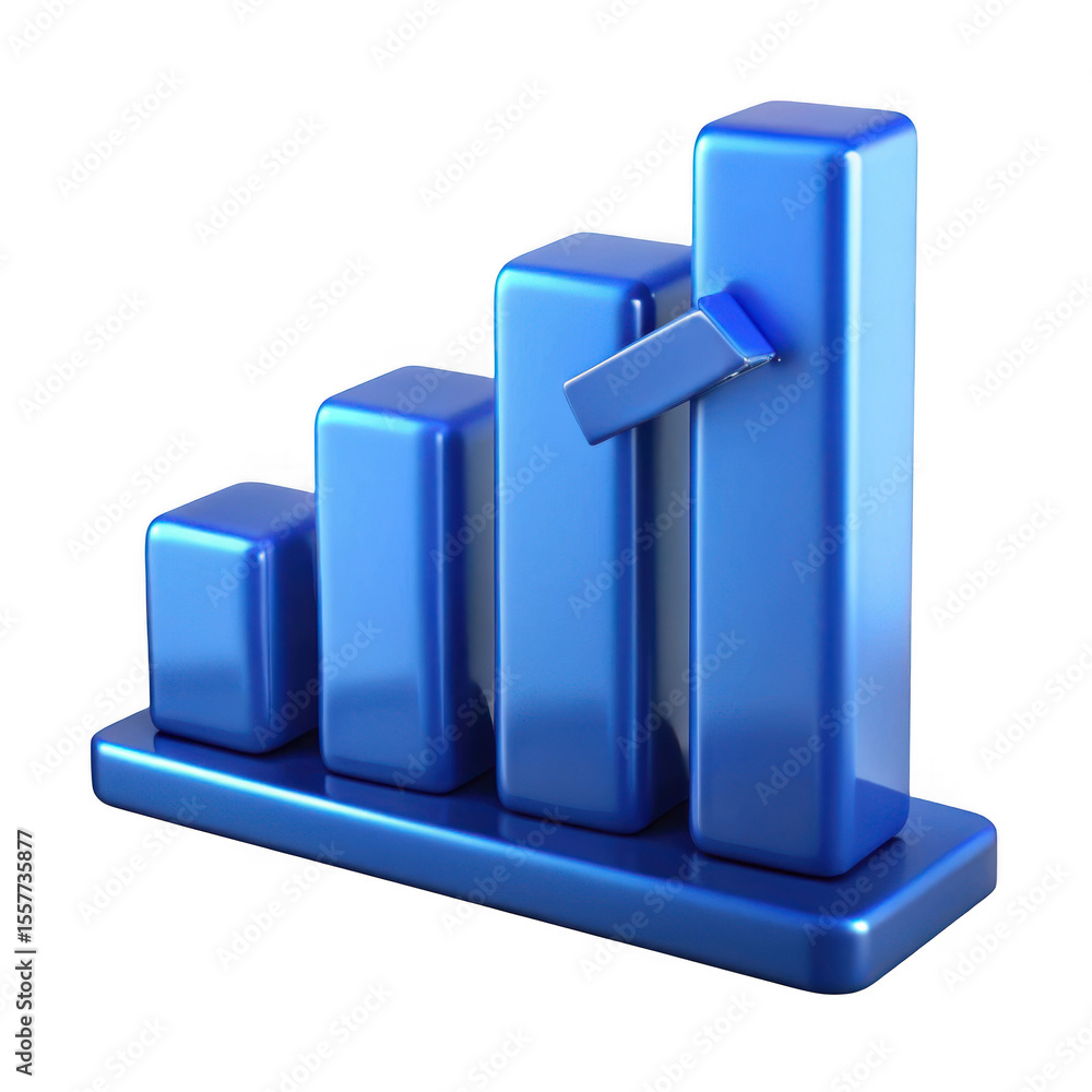 Poster blue 3d bar chart with arrow showing growth isolated on transparent background