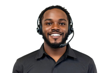 Smiling young man wearing headset, showing friendly expression while working as customer service representative in professional environment with black background