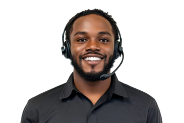 Smiling young man wearing headset, showing friendly expression while working as customer service representative in professional environment with black background