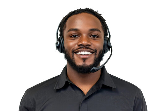 Smiling young man wearing headset, showing friendly expression while working as customer service representative in professional environment with black background