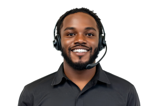 Smiling young man wearing headset, showing friendly expression while working as customer service representative in professional environment with black background