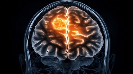 Ai generated PET scan image style showing bright orange cancerous tumor human brain symmetrical scan layout glowing anomaly in cerebral cortex medical imaging style