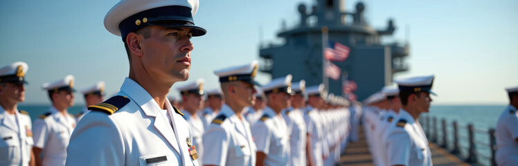 Naval officer leads flag-raising ceremony on warship deck. Sailors stand in formation, honoring American flag. Independence Day celebration, patriotic event, tradition, service, pride.