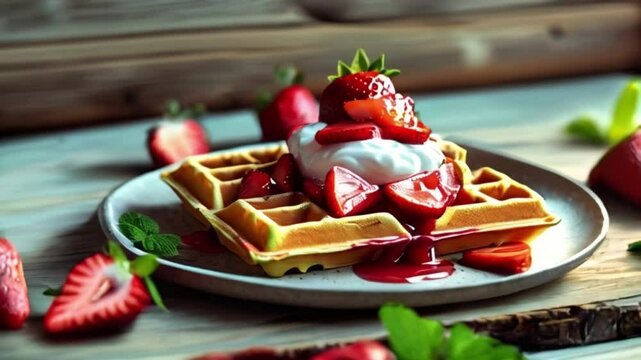 Brunch flatlay waffles with strawberry compote and coconut yogurt, moning food, breakfast concept, Waffles for breakfast, created with generative ai
