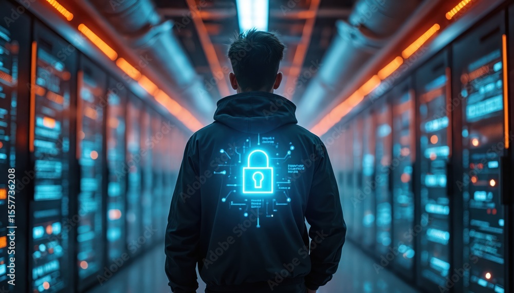 Poster cyber security concept with person in server room. illuminated padlock icon on back. modern technolo