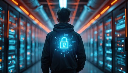Cyber security concept with person in server room. Illuminated padlock icon on back. Modern technologies, digital safety. Data protection, online privacy. Network infrastructure, cloud computing,.