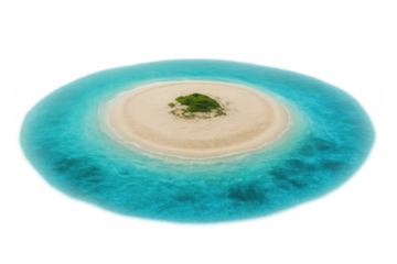 Tropical island viewed from above, lush greenery fringing turquoise waters, pristine landscape emerging from transparent backdrop