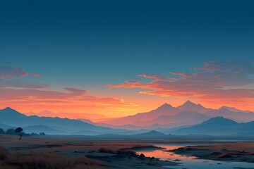 Fototapeta premium A twilight sky spreading golden light across a quiet landscape.