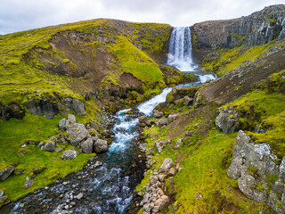 Aerial view of Svodufoss waterfall in Snaefellsnes peninsula, Iceland