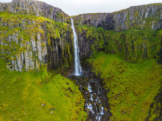 Aerial shots of Grundarfoss Waterfall, on Snaefellness peninsula, Iceland