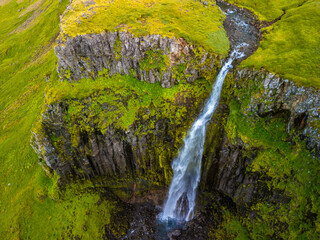Aerial shots of Grundarfoss Waterfall, on Snaefellness peninsula, Iceland