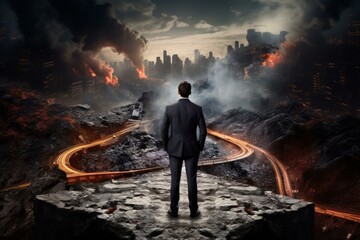Obraz premium Businessman standing on cliff edge looking at burning city with winding roads leading to it