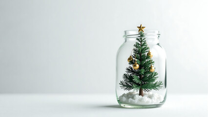 delicate glass jar contains slender dark green christmas tree golden ornaments subtle snowflakes surrounded soft white