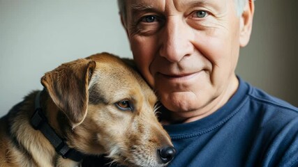 Senior man smiling with his dog, indoors, close-up portrait, for pet adoption campaigns