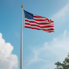 Wide shot of the American flag waving on a tall flagpole against a clear blue sky with soft clouds. Minimal composition with clean space ideal for text, graphics, or design overlays. PNG and transpare