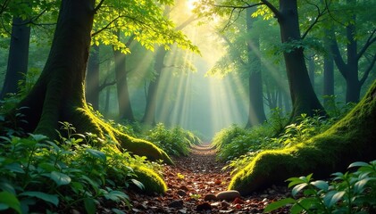 Obraz premium Sunlit Mossy Forest Floor Peaceful Woodland Scene with Vibrant Plant Life and Decaying Logs