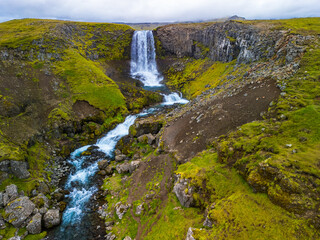 Aerial view of Svodufoss waterfall in Snaefellsnes peninsula, Iceland