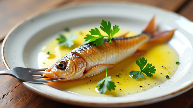 delicate anchovy fillet lies cradled two fork tines surrounded scattering parsley spears drizzled olive oil