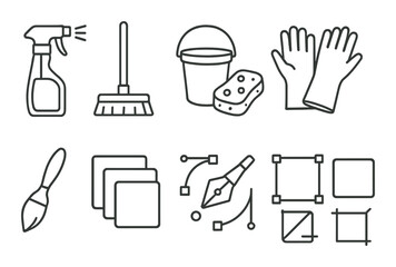 Home and art tools icons set &ndash; outline, simple design and creative tool symbols
