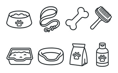 Pet care silhouette icons set – essential, animal and veterinary symbols