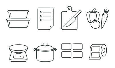 Meal prep essentials icons set – outline, kitchen tools and cooking symbols for planning
