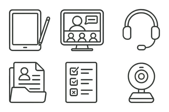 Remote learning outline icons set – e-learning, digital education symbols