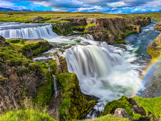 Obraz premium Aerial drone view of Fosslaug waterfall, Iceland