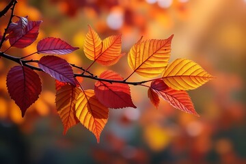 Obraz premium A branch with vibrant autumn leaves backlit by sunlight