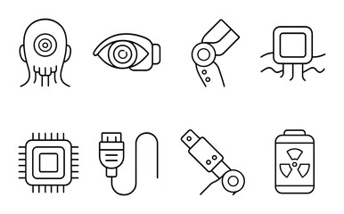 Cybernetic components icons set – outline, futuristic and tech elements