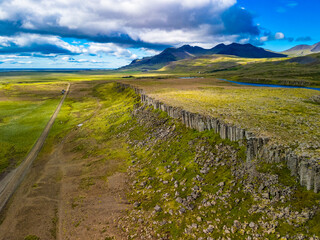 Areal view of Gerduberg basalt column cliffs, Snæfellsnes Peninsula, Iceland