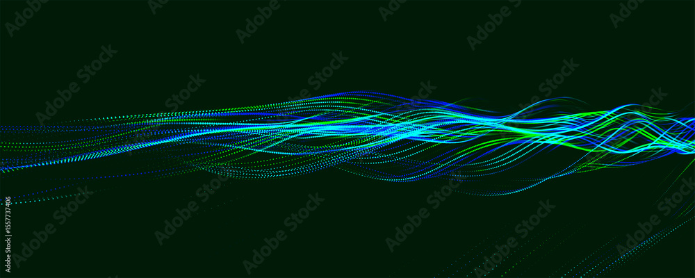 Poster multicolored wave of glowing dots. futuristic dot wave of bright particles, on dark background. inte