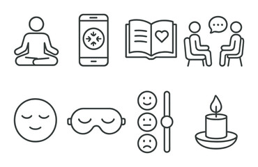 Mental wellness line icons set – mindfulness, relaxation and self-care symbols