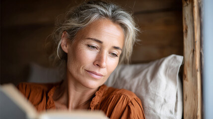 Peaceful sunset reflections: woman reading inside cozy camper getaway