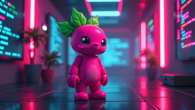 pixelated loganberry creature bright pink skin green leaves hair stands futuristic room surrounded swirling