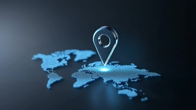 World Map Location Icon: Shiny chrome location marker on blue map, pinpointing the central Europe on a stylized world map in futuristic design.