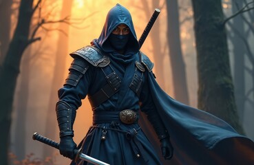 Male ninja illustration in blue armor with katana sword in forest. Masked warrior, spy character from action movies. Stealth assassin art with fantasy, samurai, Japanese themes. Assassin dressed in