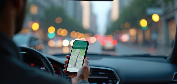 Driver uses smartphone GPS navigation inside car driving in city. Urban transport, road trip, travel in modern automobile. Map, directions, route on phone screen.