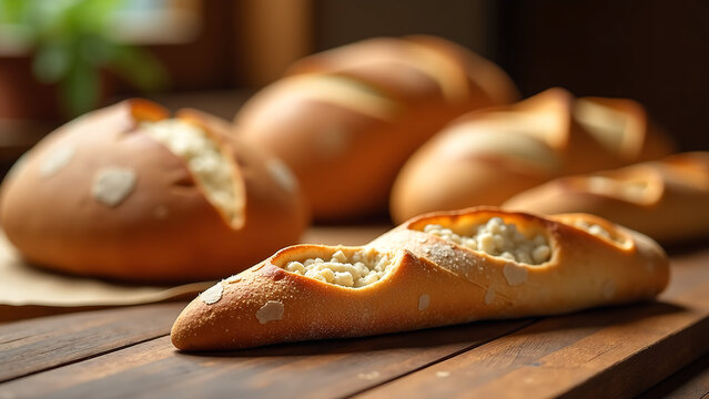 single slice crusty baguette sits atop minimalist wooden table surrounded array artisanal breads warm