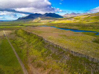 Areal view of Gerduberg basalt column cliffs, Snæfellsnes Peninsula, Iceland