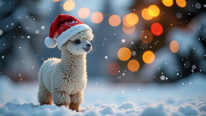 small fluffy alpaca wears miniature santa hat soft glow twinkling string lights amidst snowflakes gently falling serene