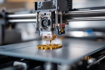Fototapeta premium Close-up of 3D Printer Creating an Ornate Metallic Object on a Metal Surface Layer by Layer, showcasing advanced manufacturing