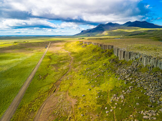 Areal view of Gerduberg basalt column cliffs, Snæfellsnes Peninsula, Iceland