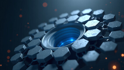 swirling vortex interconnected hexagons dark grey neon blue hues suspended amidst halo soft white light deep