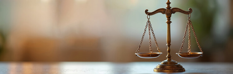Bronze scales justice, law system representation. Symbol of legal balance, fairness, equality. Blurred background. Weight decision, judgement, equilibrium. Courtroom setting, authority, judiciary