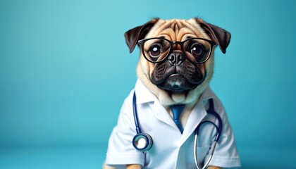 Funny pug dog wears doctor glasses, stethoscope, white lab coat uniform on blue background. Pet care, grooming concept. Veterinarian doggy face. Veterinary clinic concept with copyspace for your text.