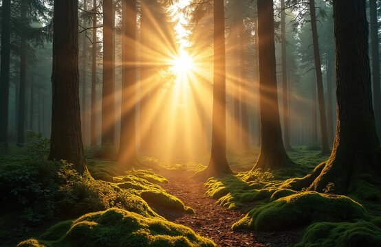 Sun rays shining through forest trees. Sunny morning creates mystical ambiance. Golden sunlight breaks mist fog, path. Serene nature landscape with sunbeams. Atmospheric photo of green wood.