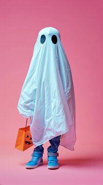 Child in ghost costume holding candy bag on pink background during Halloween celebration