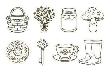 Cottagecore icons set &ndash; outline, simple and essential countryside symbols